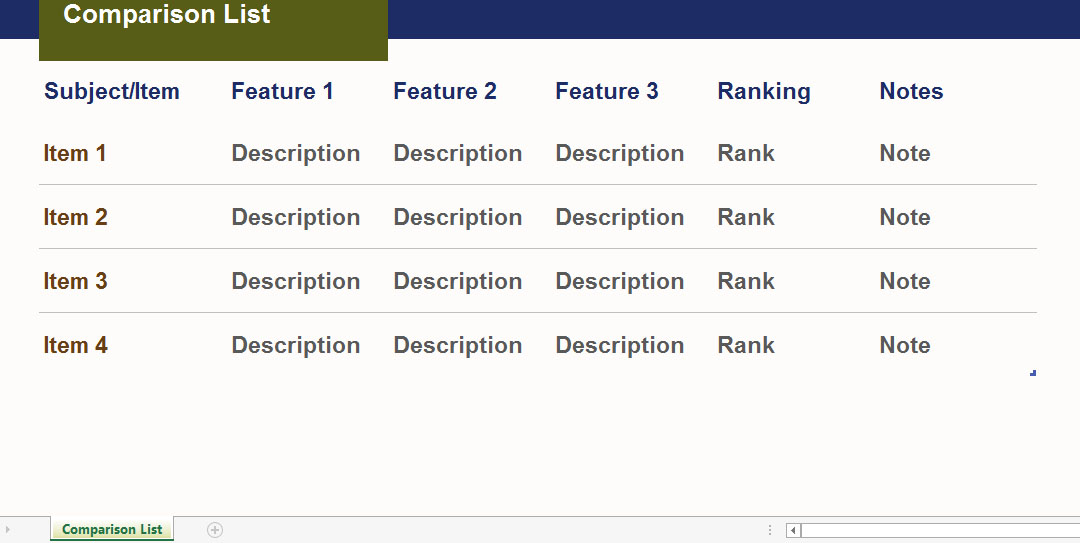 Comparison Sheet Template from www.exceltemplates.com