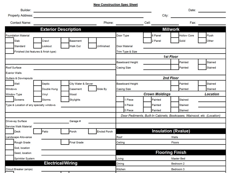 Construction Spec Sheet Template Excel Templates