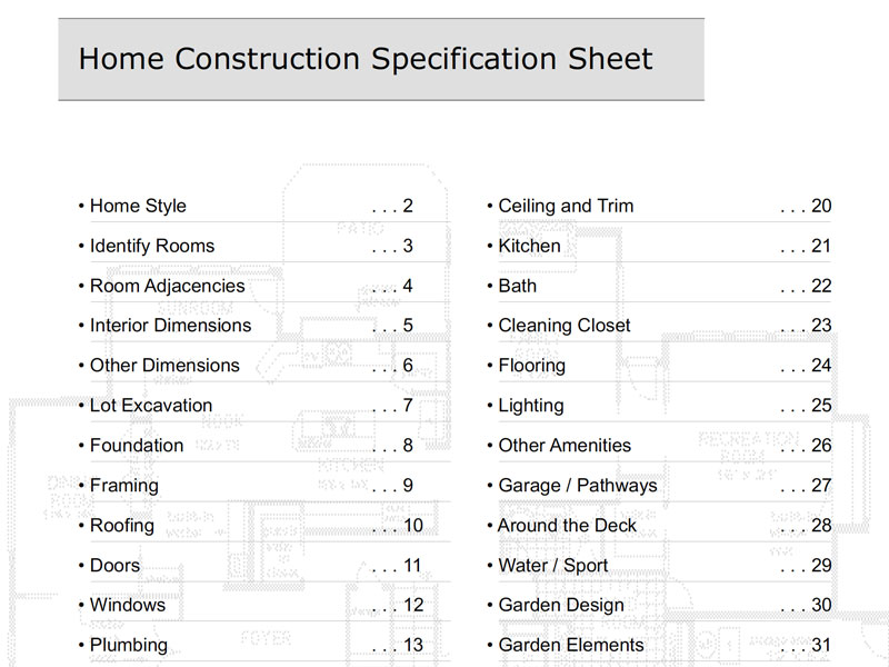 Home Building Spec Sheet Template Excel Templates