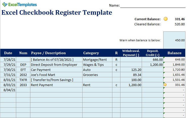 Check Register Template Excel Excel Checkbook Register Template